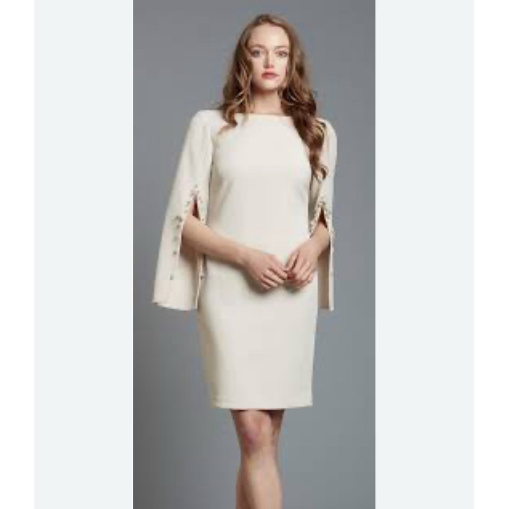 Alberto‎ Makali Split Sleeve Dress Cream Size 8 Womens Lined Pearl Embellished